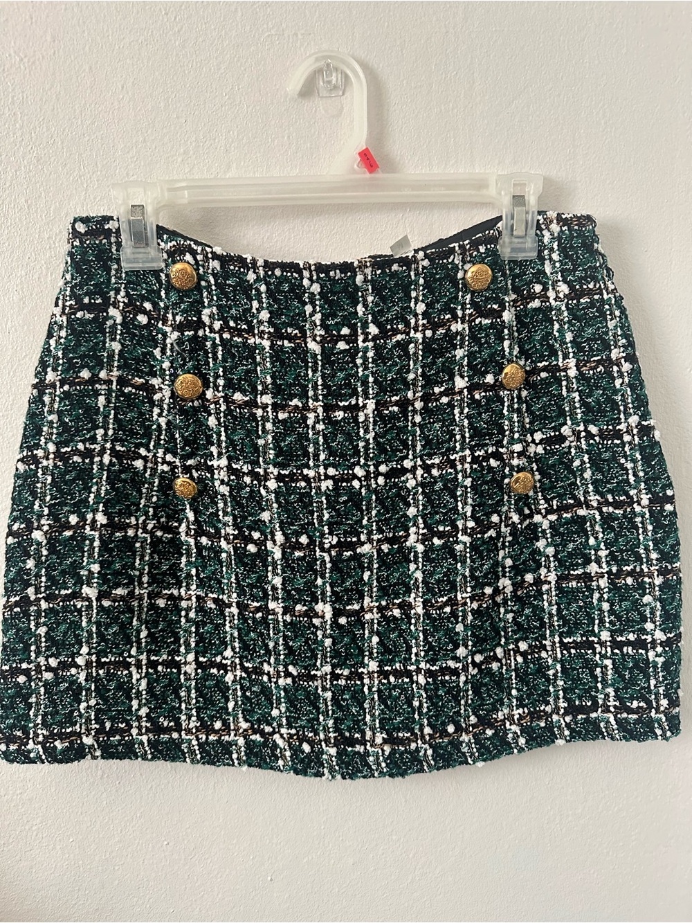 SHEIN Green Plaid Tweed Mini Skirt with Gold Buttons